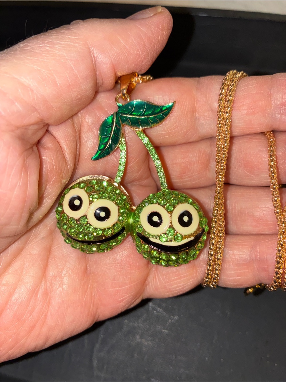 Green Crystal Cherry Pendant Necklace - Playful Cherries Design